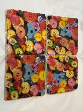 Colorful Button Print Stone Coasters - Set of 4